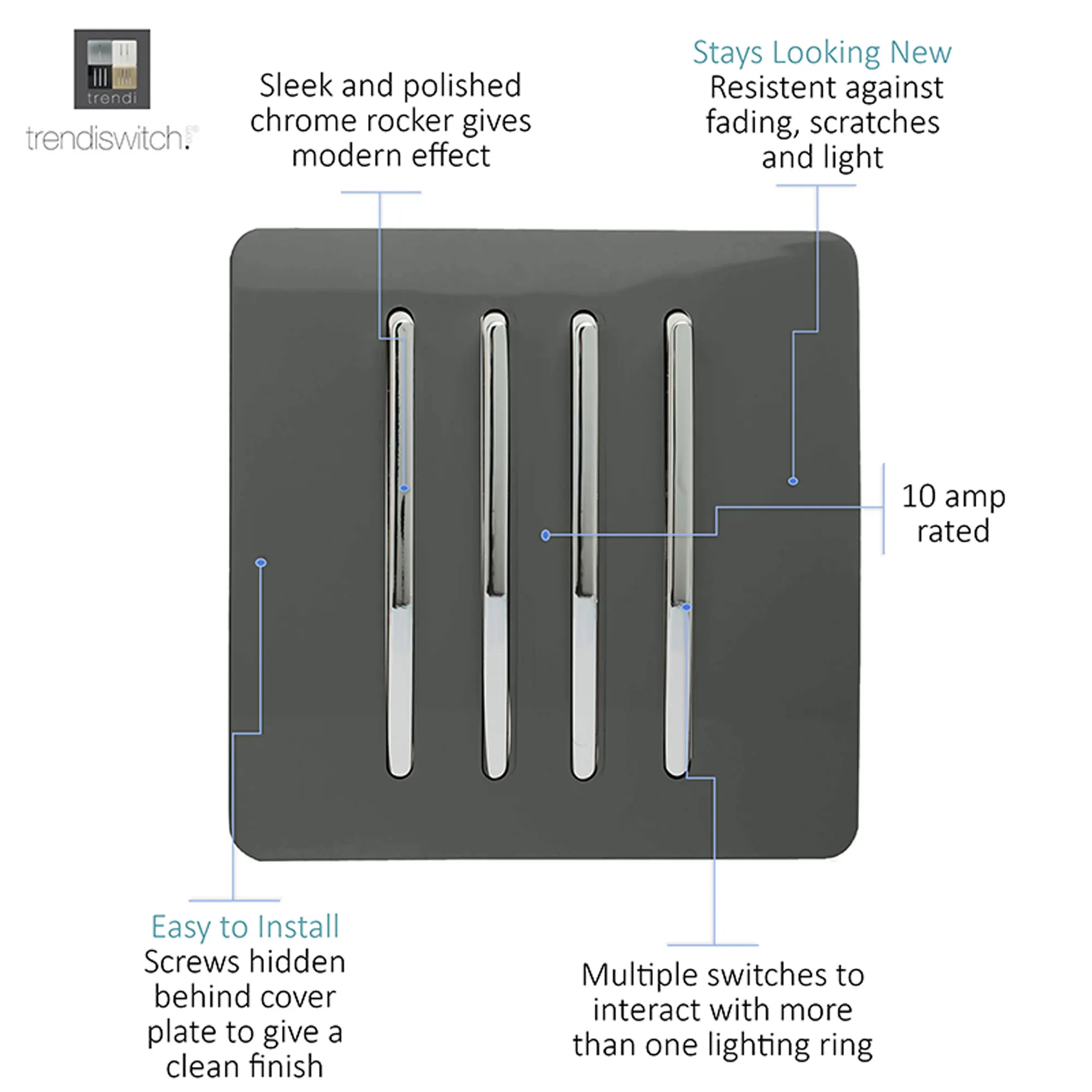 4 Gang 2 Way 10 Amp Rocker Charcoal ART-SS8CH  Trendi Charcoal